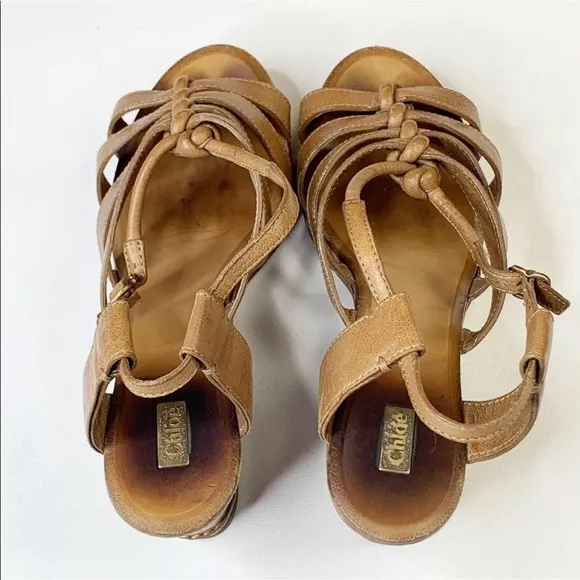 Chloe Tan Leather Sandals Wedge Platform Strappy