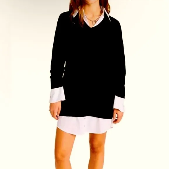 CINQ A SEPT Collar Santina Sweater Dress Sz L attached shirt detail Black White