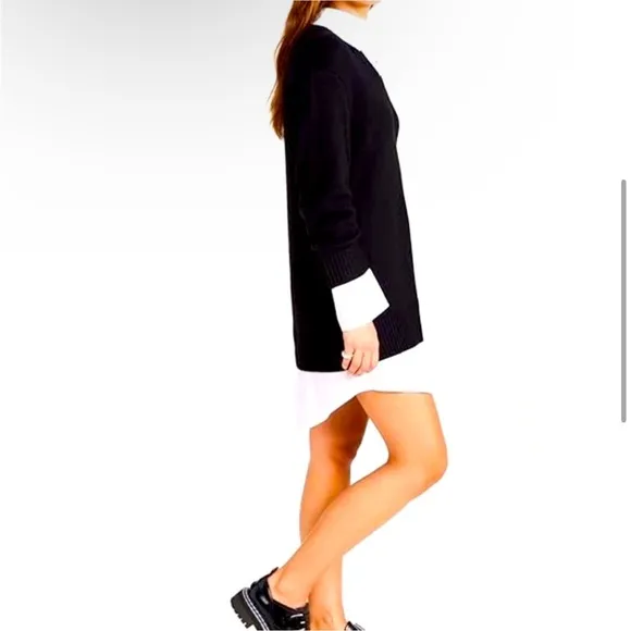 CINQ A SEPT Collar Santina Sweater Dress Sz L attached shirt detail Black White