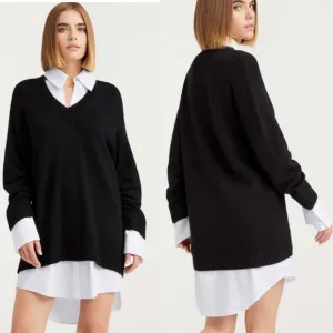 CINQ A SEPT Collar Santina Sweater Dress Sz L attached shirt detail Black White
