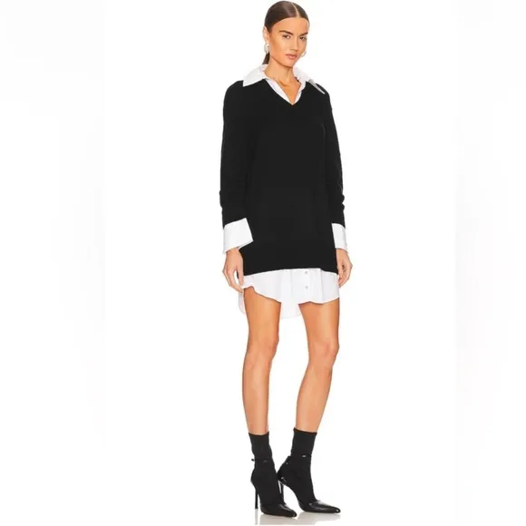 CINQ A SEPT Collar Santina Sweater Dress Sz L attached shirt detail Black White