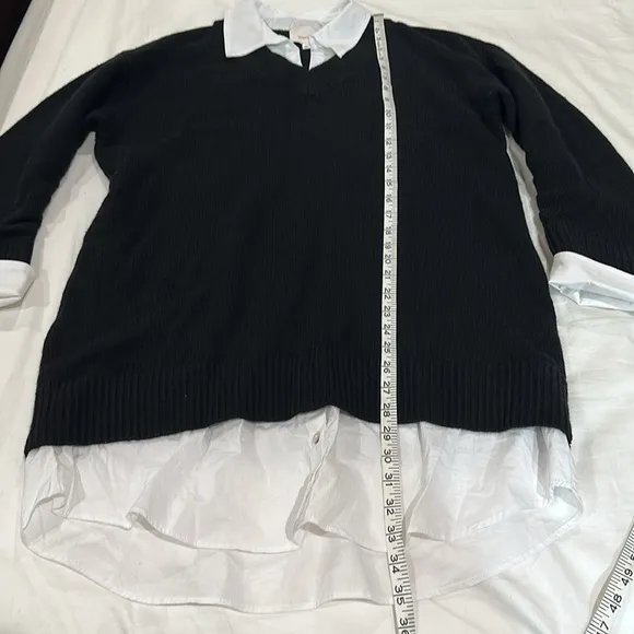 CINQ A SEPT Collar Santina Sweater Dress Sz L attached shirt detail Black White