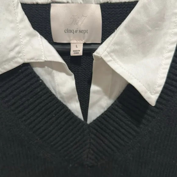 CINQ A SEPT Collar Santina Sweater Dress Sz L attached shirt detail Black White