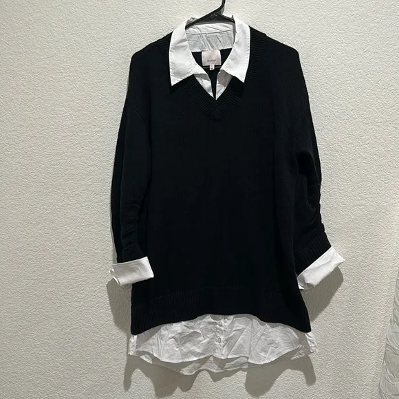 CINQ A SEPT Collar Santina Sweater Dress Sz L attached shirt detail Black White