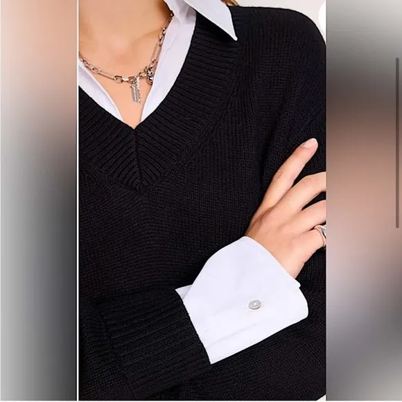 CINQ A SEPT Collar Santina Sweater Dress Sz L attached shirt detail Black White