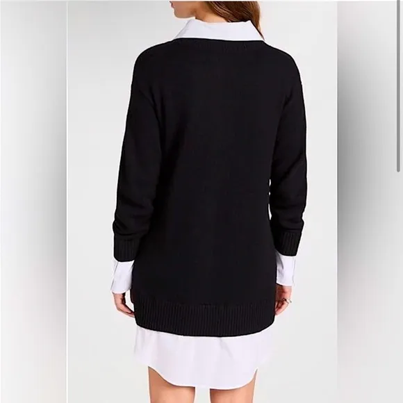 CINQ A SEPT Collar Santina Sweater Dress Sz L attached shirt detail Black White