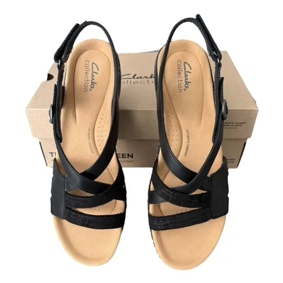 Clarks Black Strappy Leather Sandals with Slingback Merliah Bonita Women’s 11