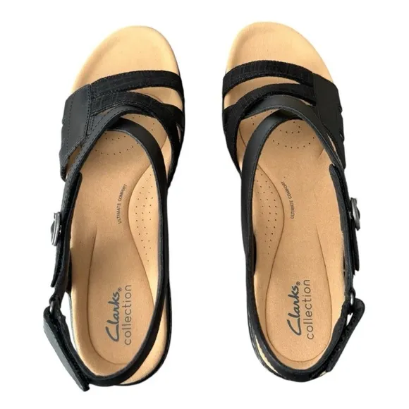 Clarks Black Strappy Leather Sandals with Slingback Merliah Bonita Women’s 11