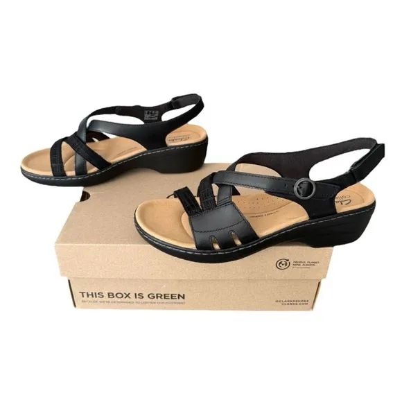 Clarks Black Strappy Leather Sandals with Slingback Merliah Bonita Women’s 11