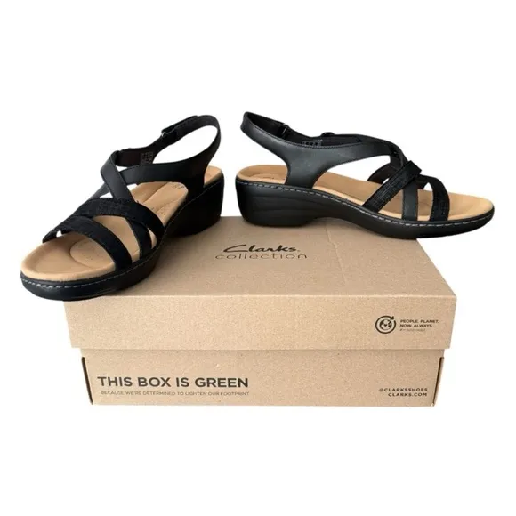 Clarks Black Strappy Leather Sandals with Slingback Merliah Bonita Women’s 11