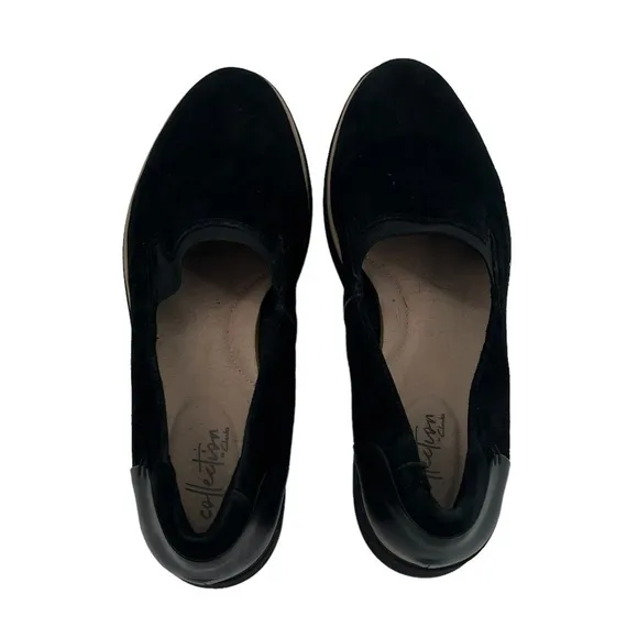 Clarks Black Suede Sharon Dolly Platform Wedge Loafers Size 9 Women's