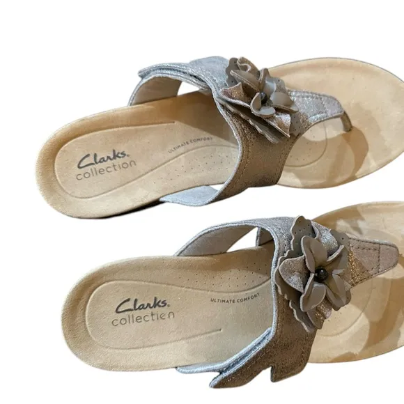 Clark’s Gold Laurieann Gemma Thong Sandal Flower Detail Slip-on Adjustable