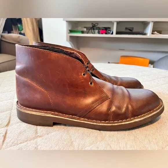CLARKS Mens Sz 10.5 Brown Oiled Leather Desert Boots Exc Cond Orig $160