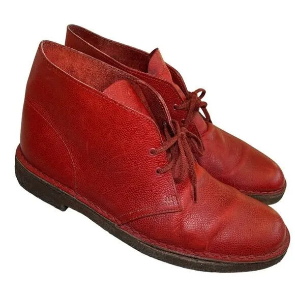 Clarks Originals Red Pebbled Leather Desert Ankle Boots Gum Soles RARE Size 9.5