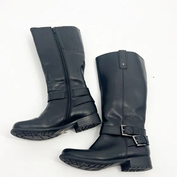 Clarks Plaza Steer Riding Boots Women's 7 Black Leather Tall Buckle