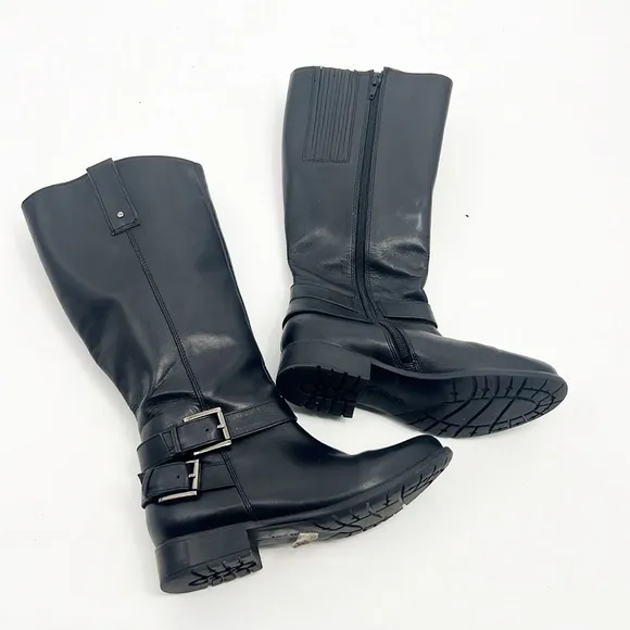 Clarks Plaza Steer Riding Boots Women's 7 Black Leather Tall Buckle