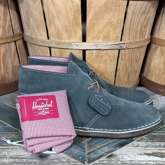 Clarks x Herschel Sage Green Suede Denim Limited Edition Desert Boots Mens 10.5