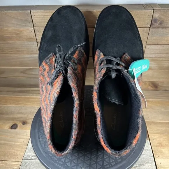Clarks Mens Size 13 Desert Chukka Boots Black/Orange Wool &amp; Suede Casual NWOB