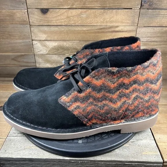 Clarks Mens Size 13 Desert Chukka Boots Black/Orange Wool &amp; Suede Casual NWOB
