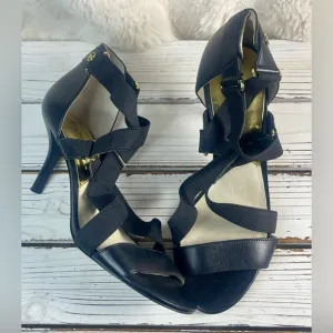 CLEANED 8M MICHAEL KORS Wendy Black Leather Heels Crisscross Strappy Sandals