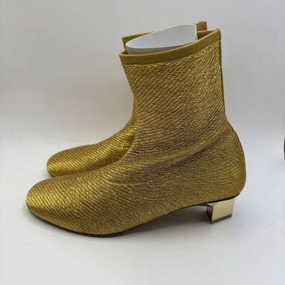 Clergerie Pany Stretch Metal Lurex Mesh Mirrored Heel Ankle Boot Gold Sz 5.5