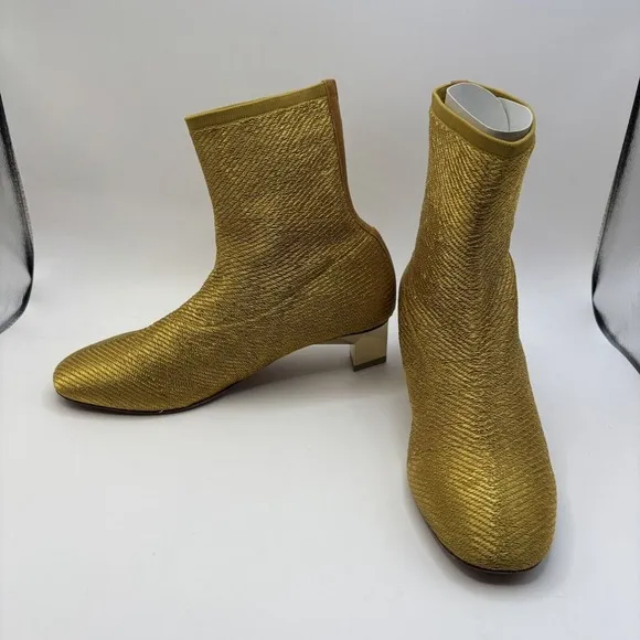 Clergerie Pany Stretch Metal Lurex Mesh Mirrored Heel Ankle Boot Gold Sz 5.5