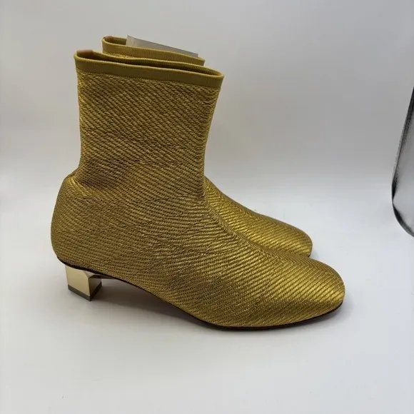 Clergerie Pany Stretch Metal Lurex Mesh Mirrored Heel Ankle Boot Gold Sz 5.5