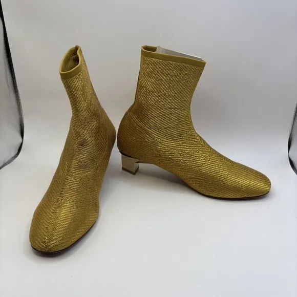 Clergerie Pany Stretch Metal Lurex Mesh Mirrored Heel Ankle Boot Gold Sz 5.5