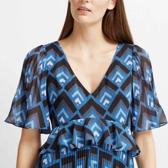 Club Monaco Gostanzah Pleated Midi Dress Blue Diamond Print Ruffle SZ 6 NWT