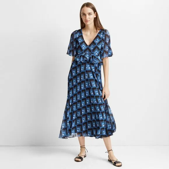 Club Monaco Gostanzah Pleated Midi Dress Blue Diamond Print Ruffle SZ 6 NWT