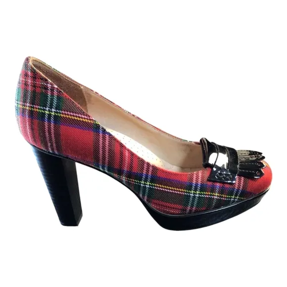 CNE Red and Black Plaid Loafers with Fringe Accents