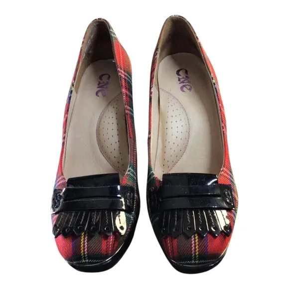 CNE Red and Black Plaid Loafers with Fringe Accents