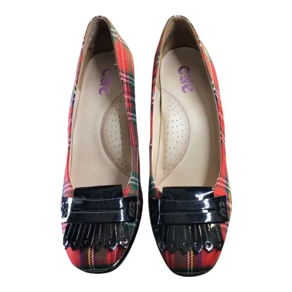 CNE Red and Black Plaid Loafers with Fringe Accents
