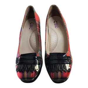 CNE Red and Black Plaid Loafers with Fringe Accents