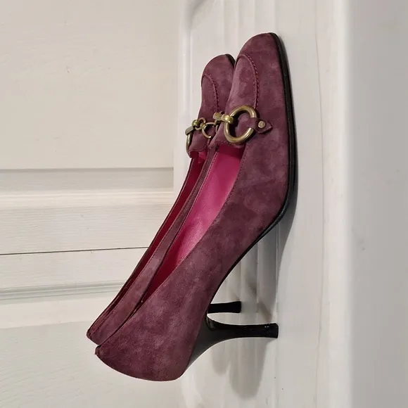 Coach &quot;Aubry&quot; leather suede slip-on loafer heels brass accent - 10 - merlot red