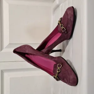 Coach &quot;Aubry&quot; leather suede slip-on loafer heels brass accent - 10 - merlot red