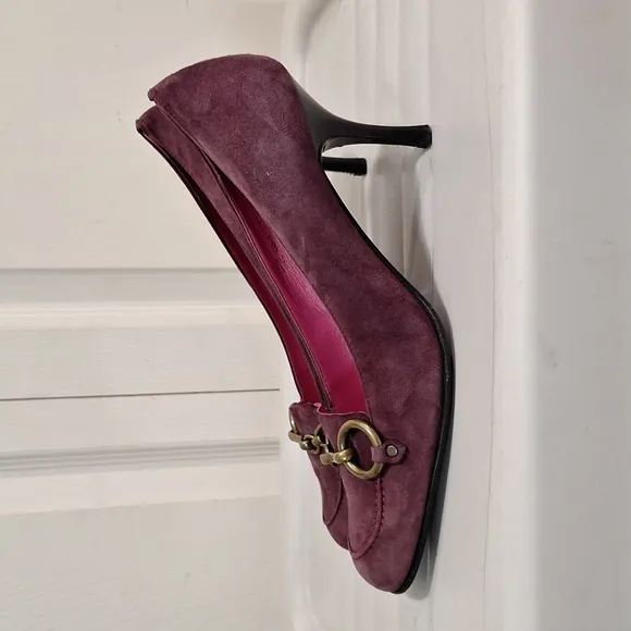 Coach &quot;Aubry&quot; leather suede slip-on loafer heels brass accent - 10 - merlot red
