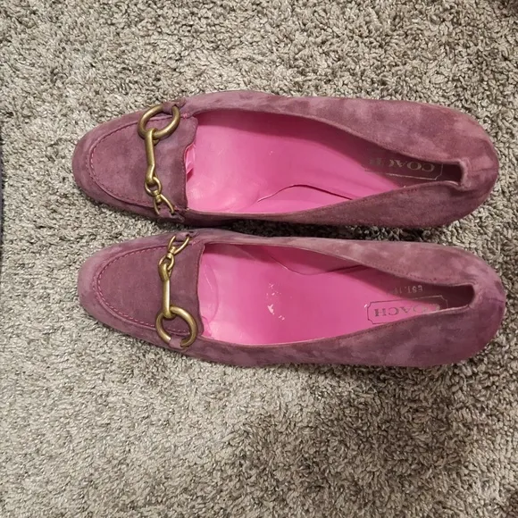 Coach &quot;Aubry&quot; leather suede slip-on loafer heels brass accent - 10 - merlot red