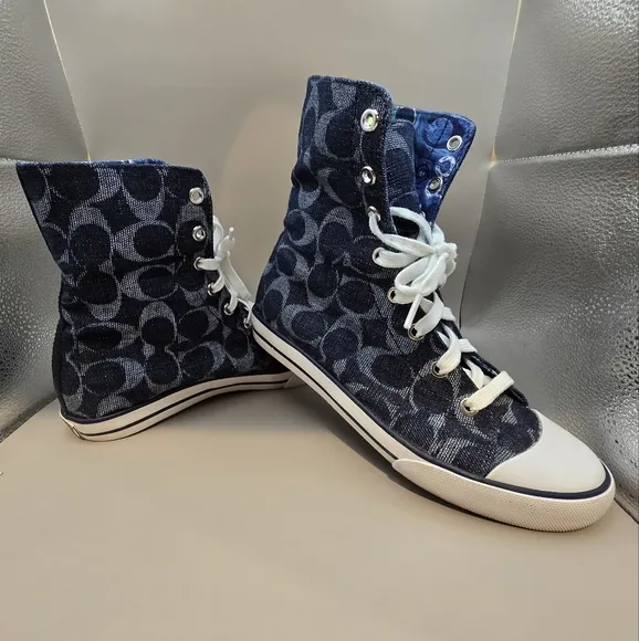 Coach &quot;Bonney&quot; Blue Signature Denim Jacquard High Top Sneakers 7 B
