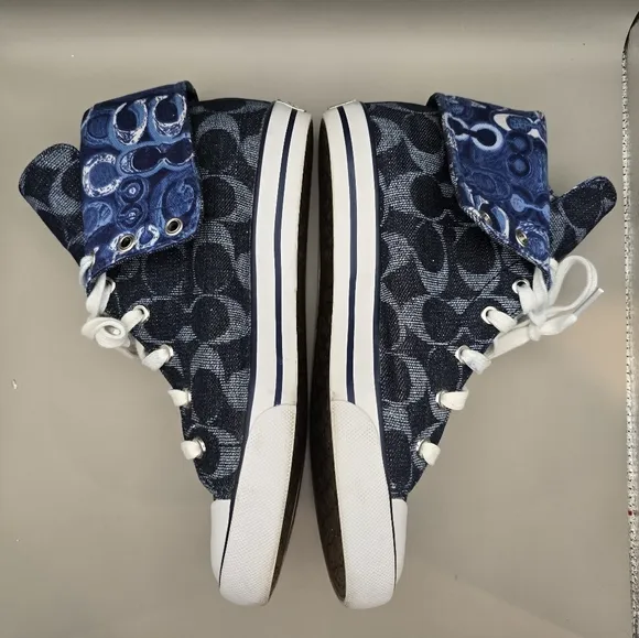 Coach &quot;Bonney&quot; Blue Signature Denim Jacquard High Top Sneakers 7 B