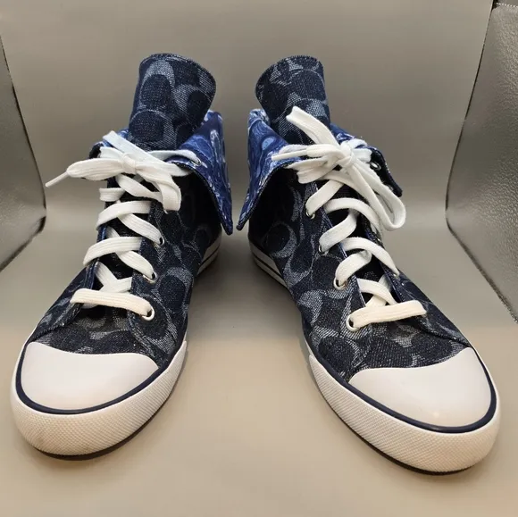 Coach &quot;Bonney&quot; Blue Signature Denim Jacquard High Top Sneakers 7 B