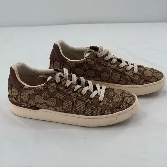 Coach Canvas Leather Low Top Sneaker In Signature Design SIZE 5.5 BROWN AND TAN