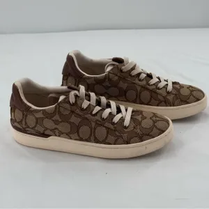 Coach Canvas Leather Low Top Sneaker In Signature Design SIZE 5.5 BROWN AND TAN