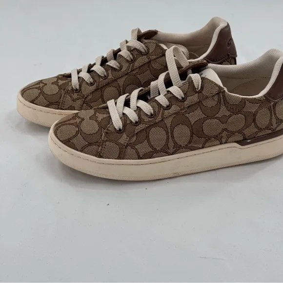 Coach Canvas Leather Low Top Sneaker In Signature Design SIZE 5.5 BROWN AND TAN