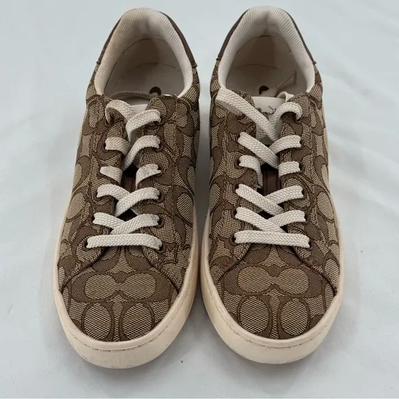 Coach Canvas Leather Low Top Sneaker In Signature Design SIZE 5.5 BROWN AND TAN