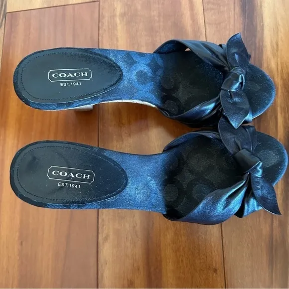 COACH Karen Black Leather Bow Front Cork Slide Sandals Heels
