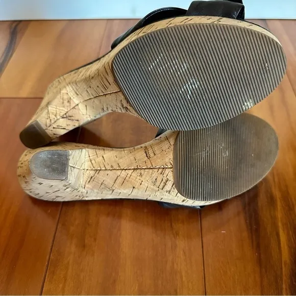 COACH Karen Black Leather Bow Front Cork Slide Sandals Heels