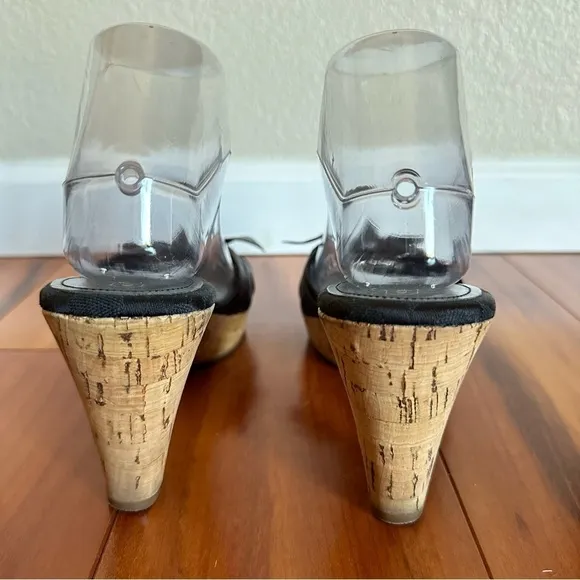 COACH Karen Black Leather Bow Front Cork Slide Sandals Heels