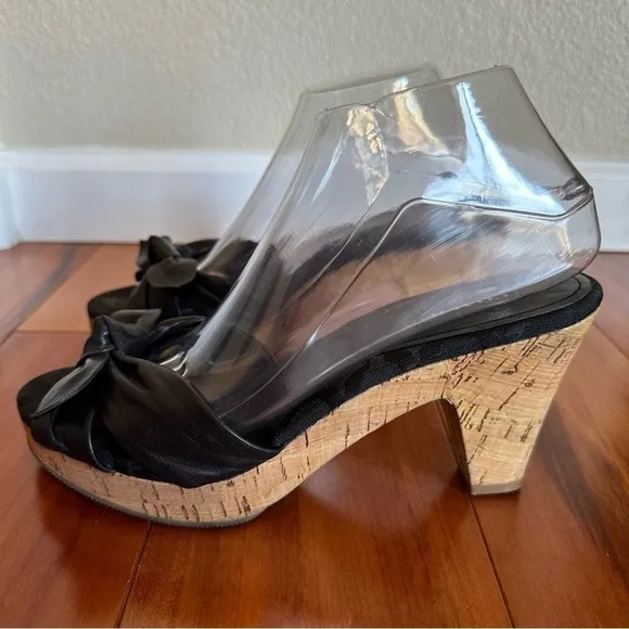 COACH Karen Black Leather Bow Front Cork Slide Sandals Heels