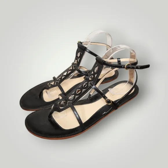 Coach patent leather Geralynn BLACK  PATENT LOGO GLADIATOR SANDALS size 9.5 B
